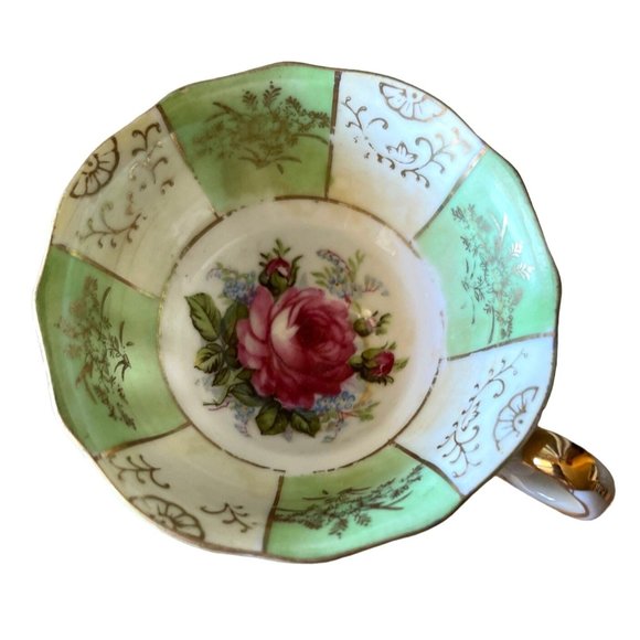 Teacup and Saucer Vintage Old Gold Japan Mint Green and Rose Floral Hand Painted - Picture 6 of 13